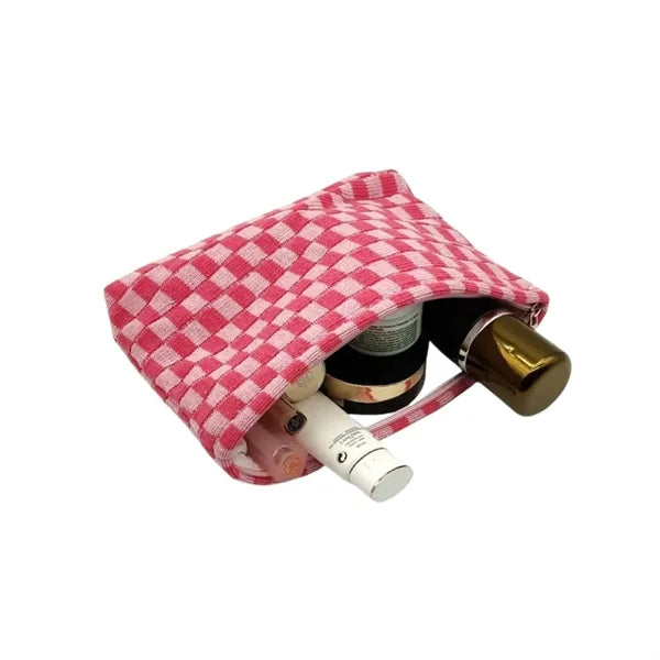 Large Checkered Canvas Cosmetic Bag