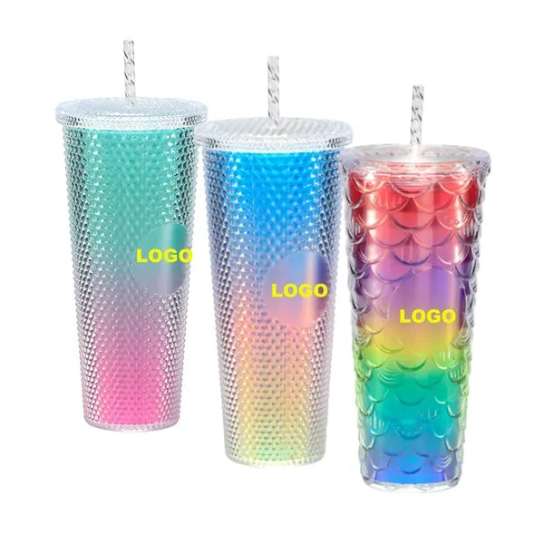 Creative gradient colorful double-layer plastic straw cup