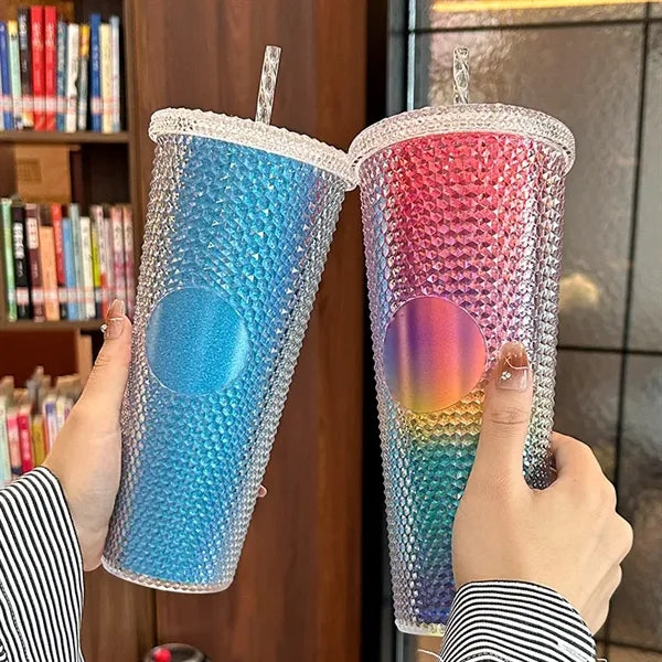 Creative gradient colorful double-layer plastic straw cup
