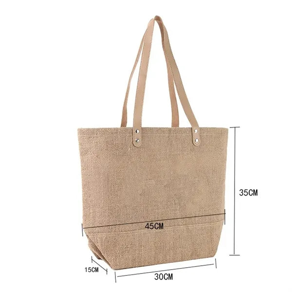 Jute Tote Bag With Leather Handles