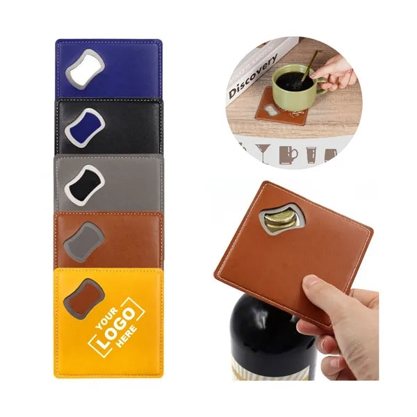 Square Stainless Steel Leathers Coaster Bottle Opener