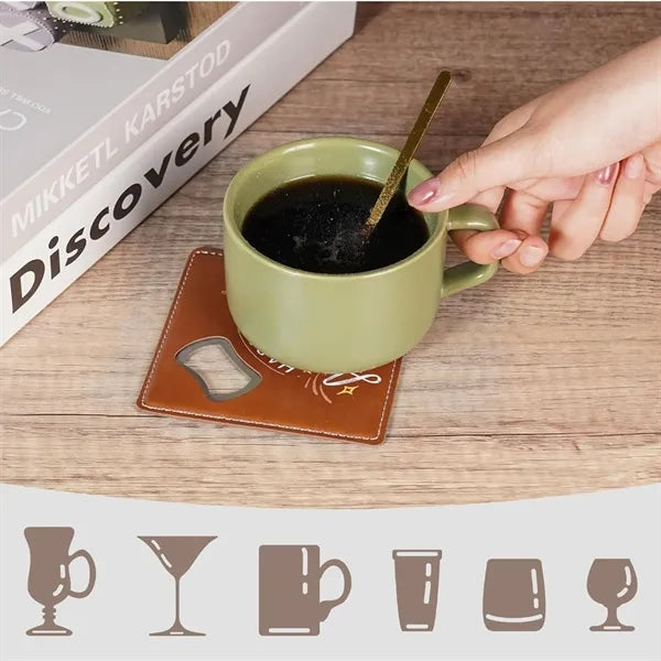 Square Stainless Steel Leathers Coaster Bottle Opener