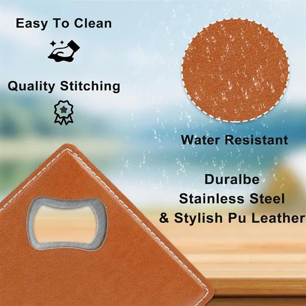Square Stainless Steel Leathers Coaster Bottle Opener