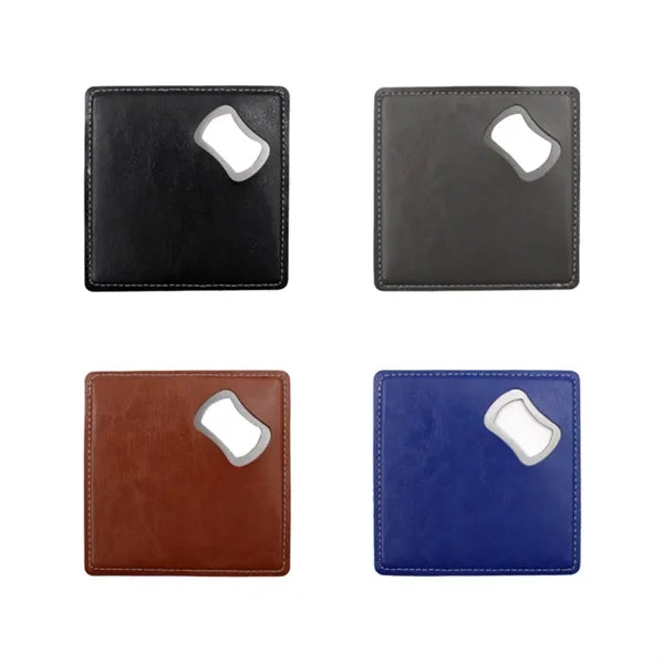 Square Stainless Steel Leathers Coaster Bottle Opener