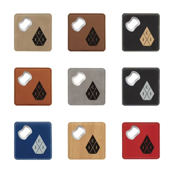 Square Stainless Steel Leathers Coaster Bottle Opener