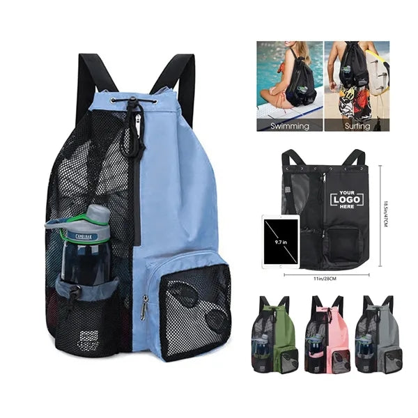 Mesh Drawstring Beach Backpack With Wet Bag