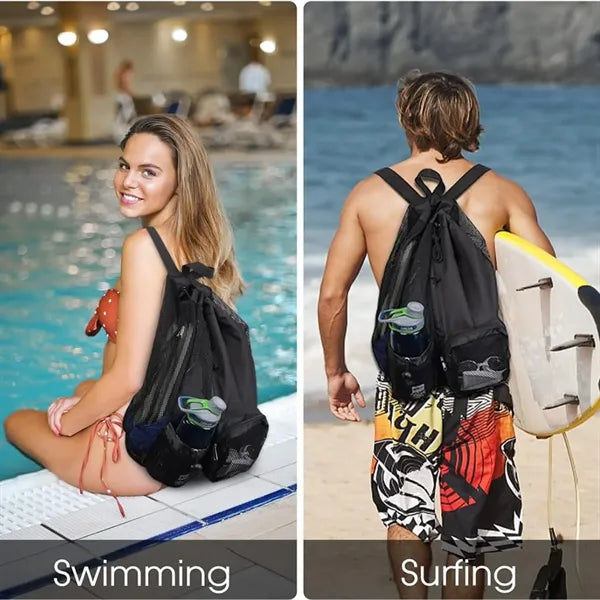 Mesh Drawstring Beach Backpack With Wet Bag