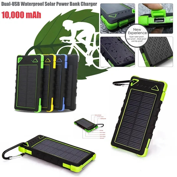 10,000 mAh Dual-USB Waterproof Solar Power Bank Charger