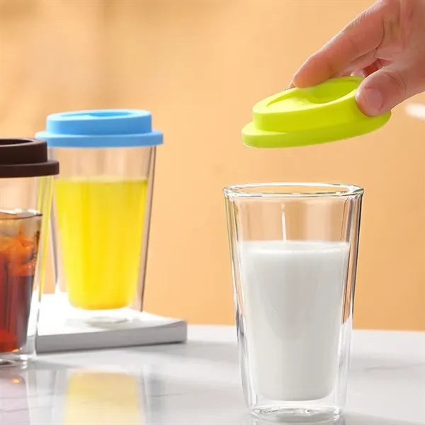 12oz Double Walled Glass Coffee Mugs with Silicone Lids