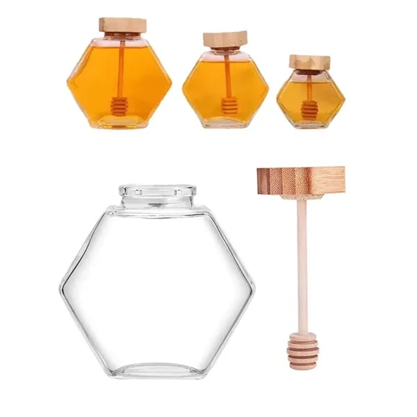 Hexagonal Honey Glass Jar With Wood Lid & Dipper Stick