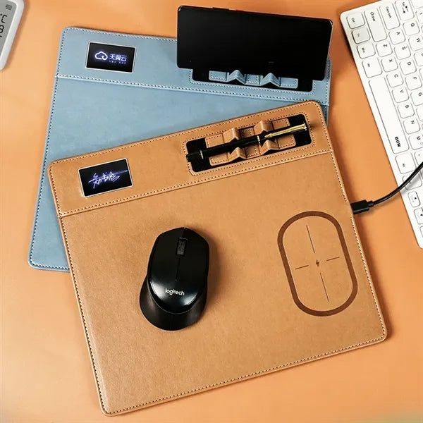 Leather Wireless Charging Mouse Pad With Phone Holder
