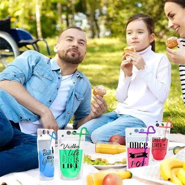 Stand-Up Plastic Drink Pouches Bags Straws