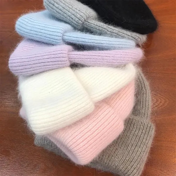 Rabbit Fur Blend Knit Beanie Hat