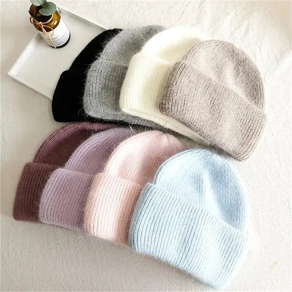 Rabbit Fur Blend Knit Beanie Hat