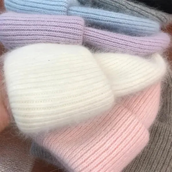 Rabbit Fur Blend Knit Beanie Hat