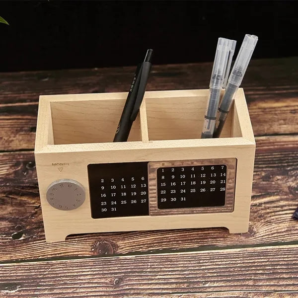 Wooden Desk Organizer Stationery Pen Holder With Calendar