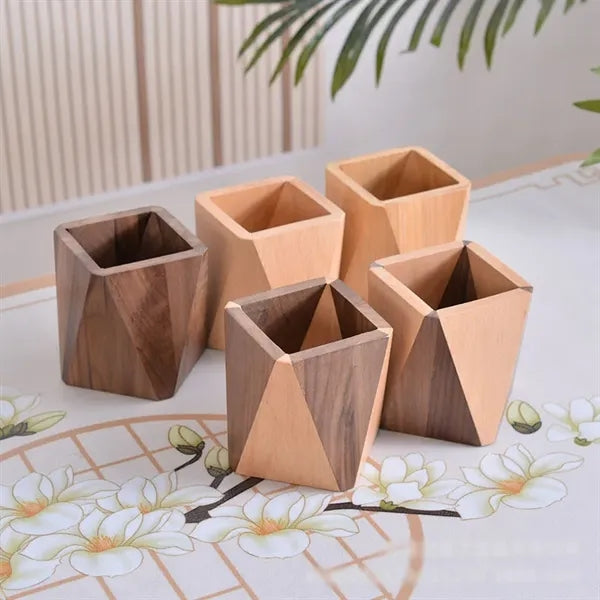 Wooden Geometric Pen Pot Makeup Brush Stand Desk Organizer