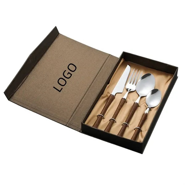 4 Pieces Wooden Grip Stainless Steel Flatware Set Gift Box