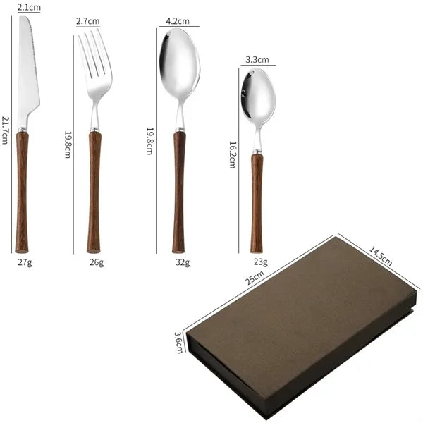 4 Pieces Wooden Grip Stainless Steel Flatware Set Gift Box