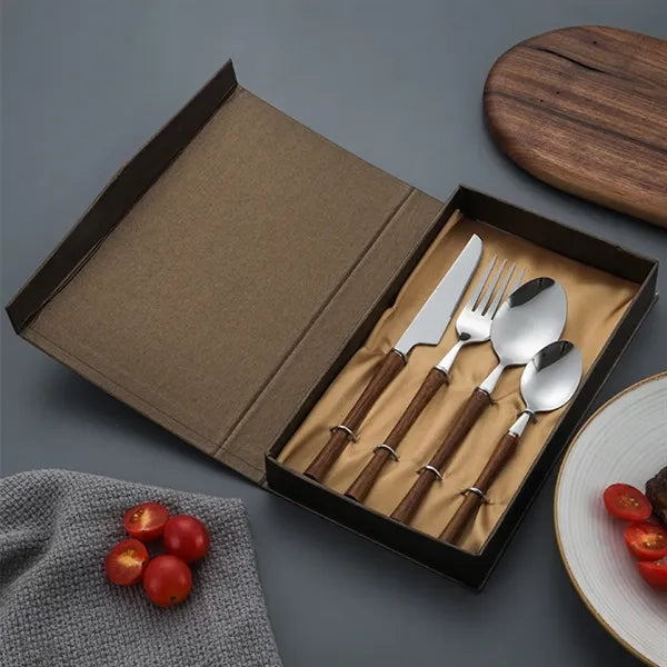 4 Pieces Wooden Grip Stainless Steel Flatware Set Gift Box