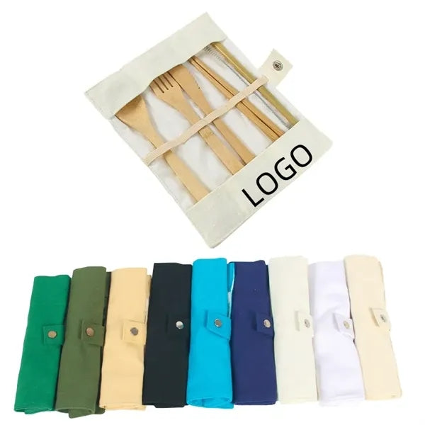 Portable Eco-Friendly Bamboo Camping Cutlery Set With Pouch
