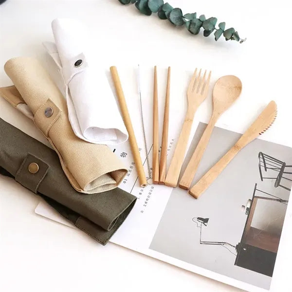 Portable Eco-Friendly Bamboo Camping Cutlery Set With Pouch