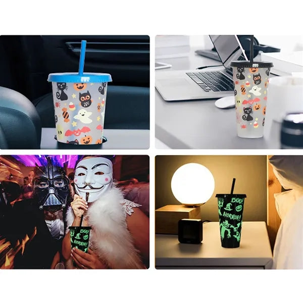24oz Glow In The Dark Water Cup Tumbler With Straw And Lids