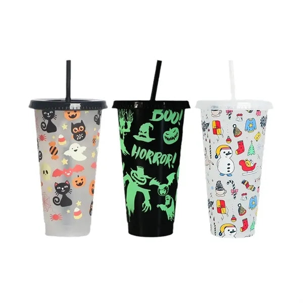 24oz Glow In The Dark Water Cup Tumbler With Straw And Lids