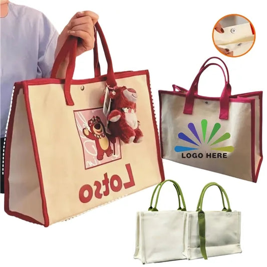 Stylish Two-Layer Canvas Tote Bag with Ribbon