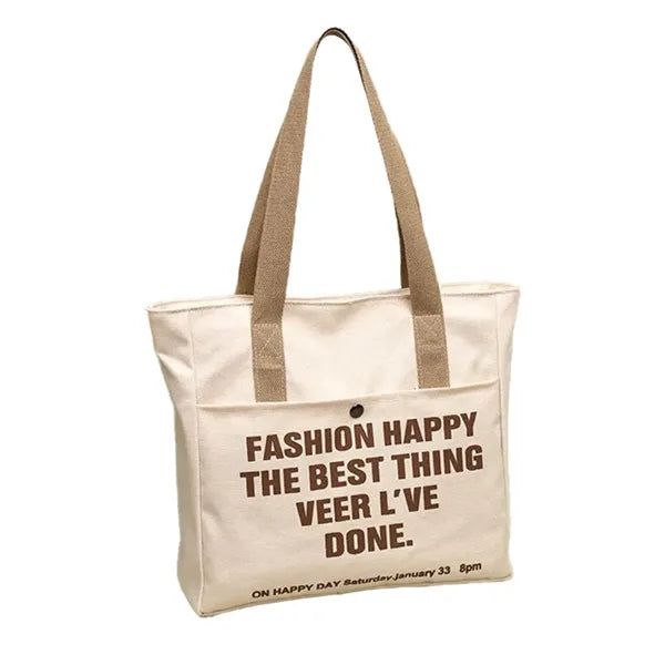 Canvas Tote Bag with Large Pocket and Zipper