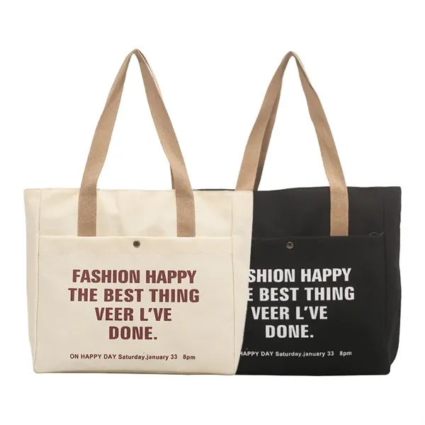 Canvas Tote Bag with Large Pocket and Zipper