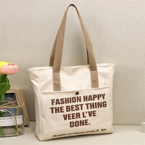 Canvas Tote Bag with Large Pocket and Zipper