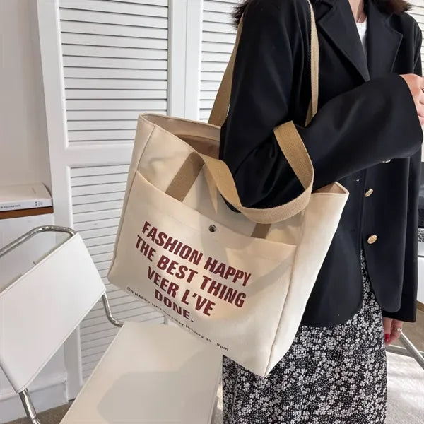 Canvas Tote Bag with Large Pocket and Zipper