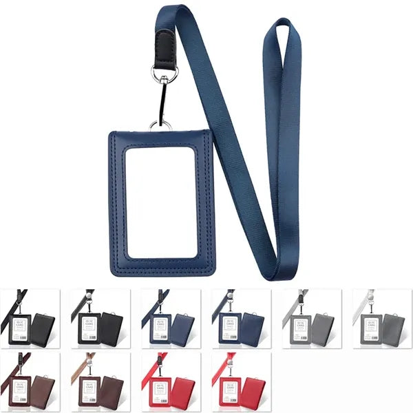 Genuine Leather Vel-cro Vertical ID Badge Holder With Lanyar