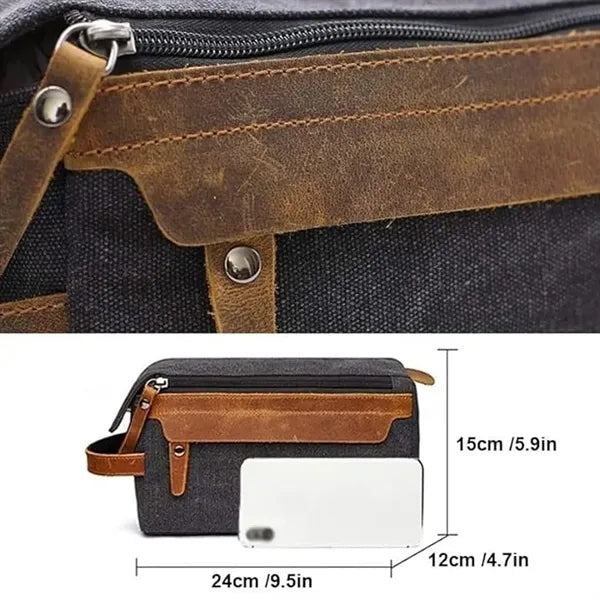 Crazy Horse Leather Canvas Travel Cosmetic Bag
