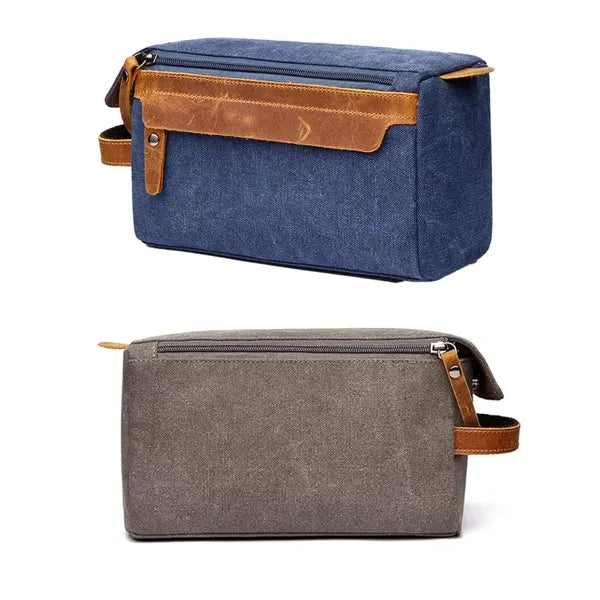 Crazy Horse Leather Canvas Travel Cosmetic Bag