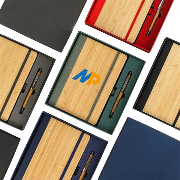 PU and Bamboo Cover Business Notebook Pen Box Set