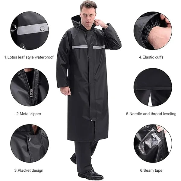 Men's Raincoat Long Black Jacket Hooded Waterproof Emergency