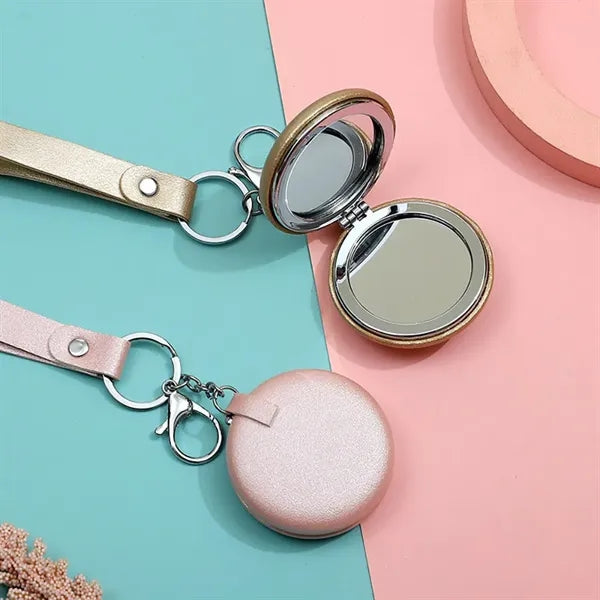 PU Leather Foldable Dual-sided Mirror with Keychain
