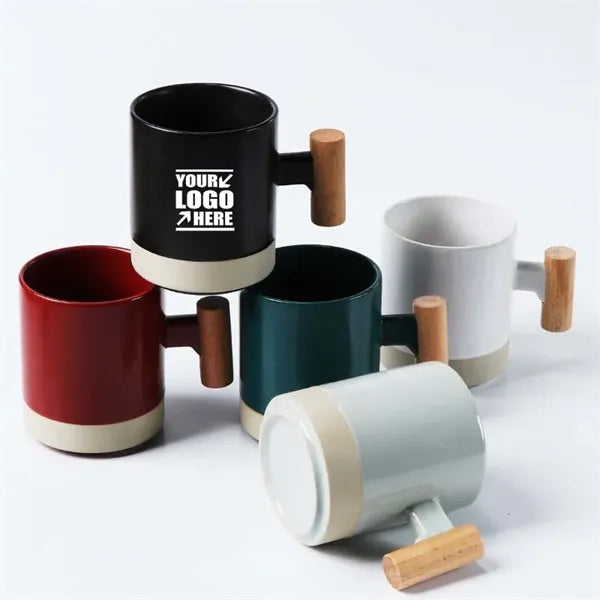 Ceramic Coffee Mug Breakfast Milk Cup with Wooden Handle