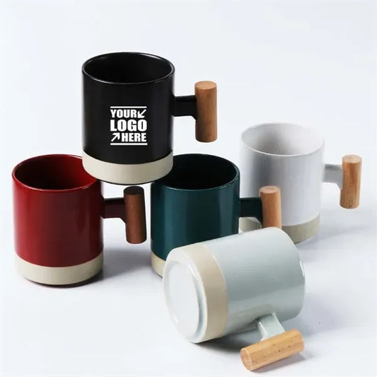 Ceramic Coffee Mug Breakfast Milk Cup with Wooden Handle