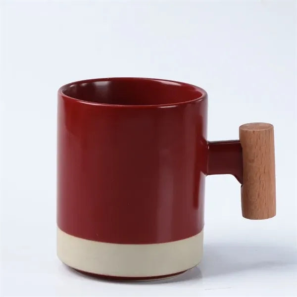 Ceramic Coffee Mug Breakfast Milk Cup with Wooden Handle
