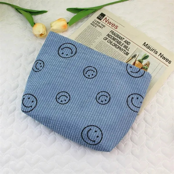 Corduroy Cosmetic Bag with Smile face design