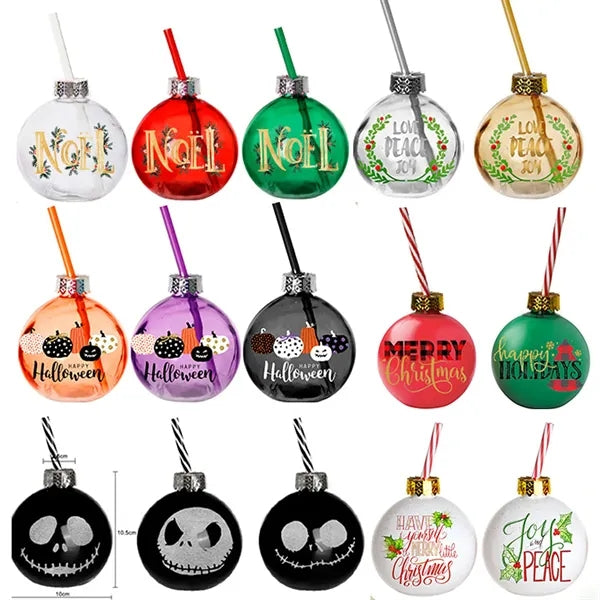 13 oz Christmas Ball Bulb Glass Cup With Straw Party Bottle