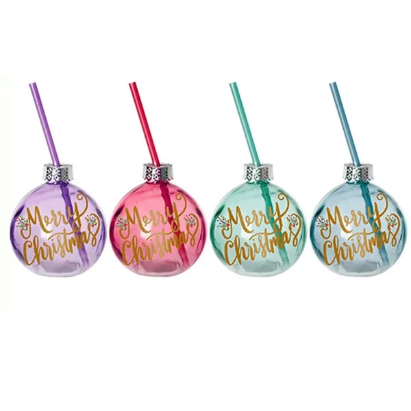 13 oz Christmas Ball Bulb Glass Cup With Straw Party Bottle