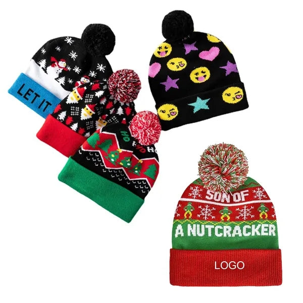 Christmas Holiday Cuffed Winter Knit Cap with Cap