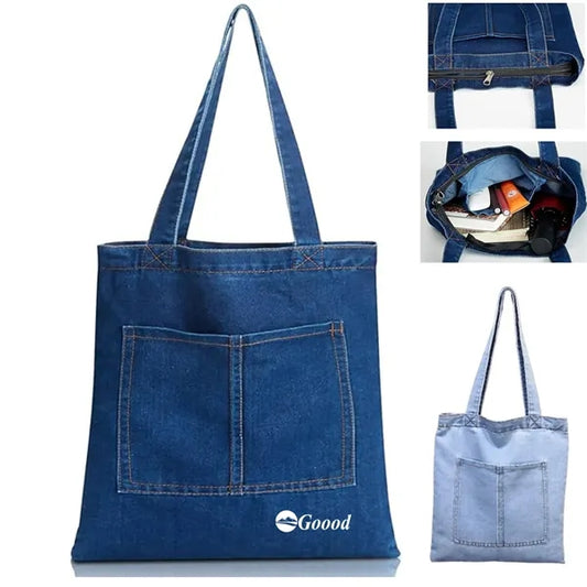 Large Women Denim Tote Bag With Zipper