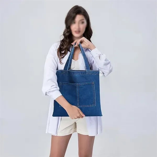 Large Women Denim Tote Bag With Zipper