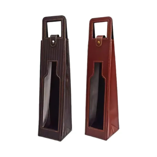 Resuable One Bottle PU Leather Wine Gift Bag With Window