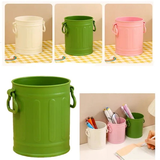 Retro Iron Bucket Shaped Hangable Pen Holder Desk Organizer